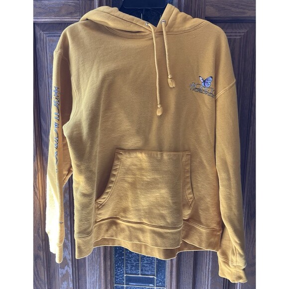 OBEY Logo Pullover Yellow Hooded Sweatshirt Hoodie Women's Size Large Butterfly - Picture 1 of 10